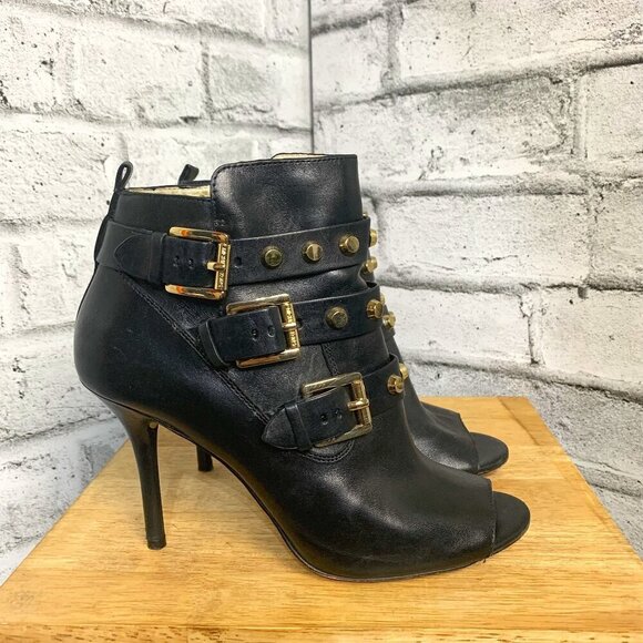 Michael Kors Bryn Black Leather Gold Studded Open Toe Stiletto Ankle Bootie - Picture 1 of 10